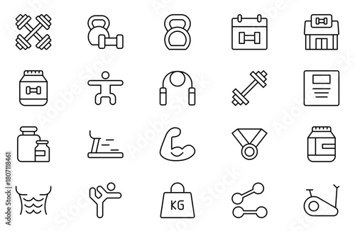 Gym and fitness line icon set. Containing healthy lifestyle, weight training, body care and workout or exercise equipment icons. Outline icon collection.