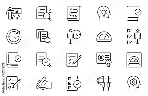 Assessment outline icons set. Stroke thin line vector illustration with goals, results, process, quality, evaluation, planning, analysis, auditing, financial report, measuring, expertise