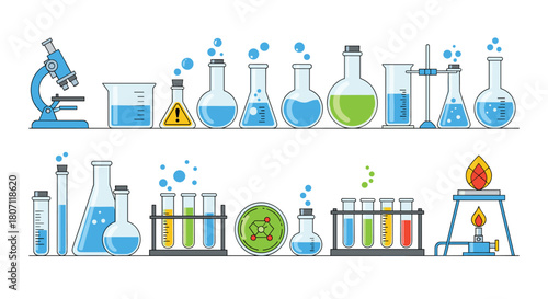 Line art illustration set of chemistry laboratory equipment, including beakers, flasks, test tubes, and a microscope for science.
