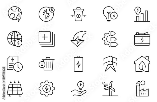 Energy Saving outline icon set, with conservation, reduce waste, consumption, management, efficiency, gas emission and green house. Eco related icons Energy Costs, Power ConsumptionGreen House