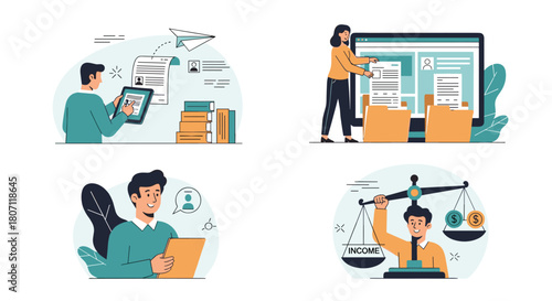 Illustrations showing business and legal document management, including digital submission, file organization, and income balancing.