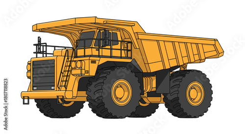 Massive yellow mining dump truck, an off-highway heavy-duty vehicle designed for quarry and construction site operations.
