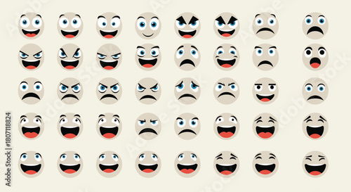 Large collection of cartoon emoticon faces showing a wide range of human emotions, including happiness, sadness, anger, and laughter.
