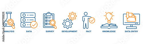 Research icon set vector concept with icon of analysis, data, survey, development, fact, knowledge and data entry 