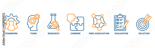 Brainstorming icon set vector concept with icon of teamwork, think, research, combine, free association, evaluation, solution 