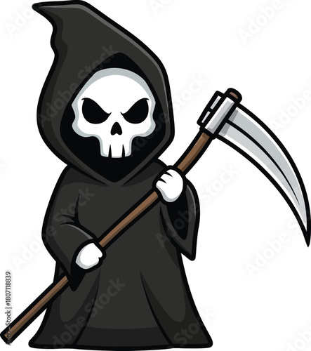 Cute cartoon grim reaper character with a scythe and skull face wearing a black hooded robe on a white background