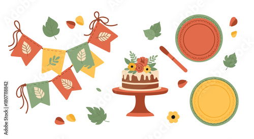 Charming autumn-themed party decoration set with a birthday cake, pennant banner, plates, and scattered fall leaves.
