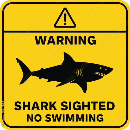 Warning Sign with Shark Silhouette Cautioning Against Swimming due to Potential Danger of Shark Sightings Promoting Safety Awareness