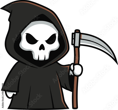 Cute cartoon grim reaper character with a scythe and skull face wearing a black hooded robe on a white background