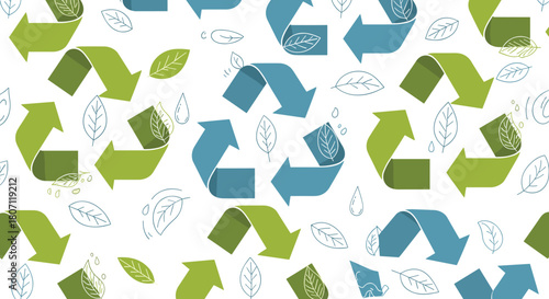 Eco-friendly seamless pattern with blue and green recycle symbols, hand-drawn leaves, and water droplets on a crisp white background.
