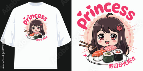 sushi princess kawaii anime girl eating japanese food design t shirt graphic apparel merchandise

