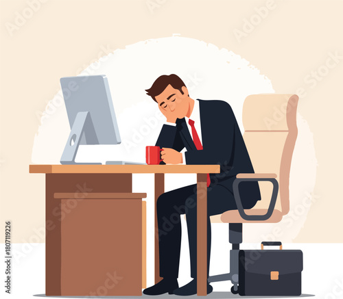 Tired businessman slumped over desk holding coffee mug.