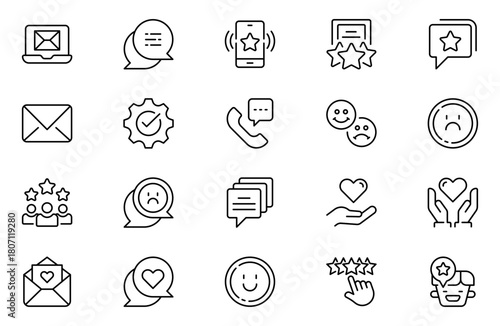 Feedback line icons set. Like, review and comment on Internet content. User opinion and survey. Outline icon. Concept