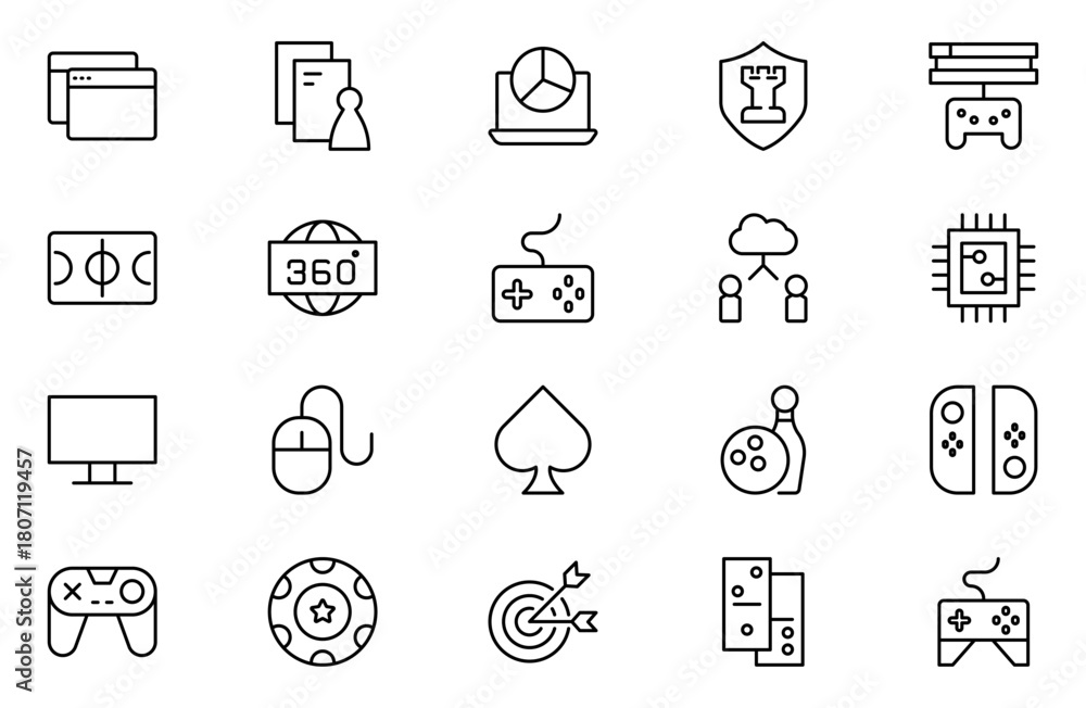 Fototapeta premium Games vector outline icon set. Gaming icon elements containing points and life bars; console; player; chess; multiplayer; casino and mobile game icons.video games; gaming; technology; gadget