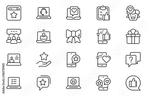 Feedback line icons set. Like, review and comment on Internet content. User opinion and survey. Outline icon. Concept