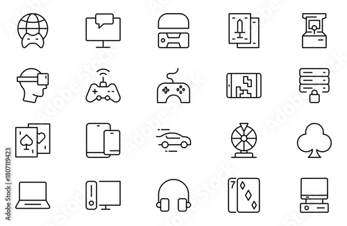 Games vector outline icon set. Gaming icon elements containing points and life bars, console, player, chess, multiplayer, casino and mobile game icons.video games, gaming, technology, gadget