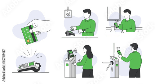 Collection of line art illustrations showing various contactless payment methods like credit card, smartwatch, and smartphone.