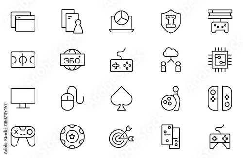 Games vector outline icon set. Gaming icon elements containing points and life bars; console; player; chess; multiplayer; casino and mobile game icons.video games; gaming; technology; gadget