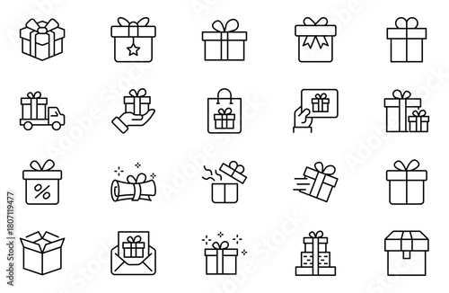 Gifts Vector Line Icon set. Contains such Icons as Gift Card, Present Offer, Ribbon and more. Quality Icons that Enhance Branding, Digital Designs, and Print Media