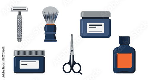 Set of classic men's grooming and wet shaving accessories, including a safety razor, shaving brush, scissors, aftershave, and cosmetic jars.
