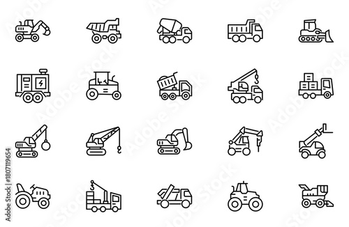 Construction machinery outline icons set. Linear icon collection. Editable stroke. Vector illustration