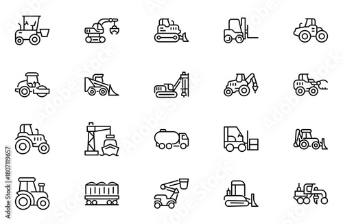 Construction machinery outline icons set. Linear icon collection. Editable stroke. Vector illustration
