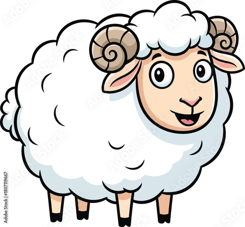 Adorable cartoon sheep with fluffy white wool and big innocent eyes standing on four legs isolated on white background