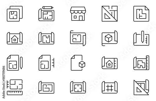 Modeling outline icon set. Architectural planning icon collection. Planning, scheme, dimension, project, measurement, floor plan and more.