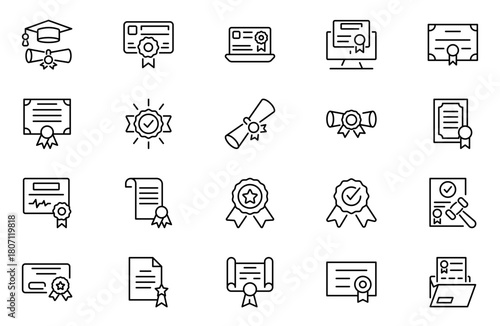 Certificate outline icons set. Linear icon collection. Editable stroke. Vector illustration