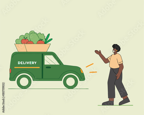 Food delivery illustration with van, fresh produce and a person welcoming the shipment, on transparency.