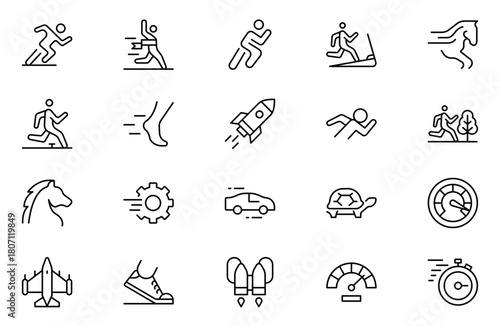 Running Speed outlineIcon Set. Dynamic icons capturing the essence of motion, sprinting, and velocity for fitness apps, sports branding, and training materials.