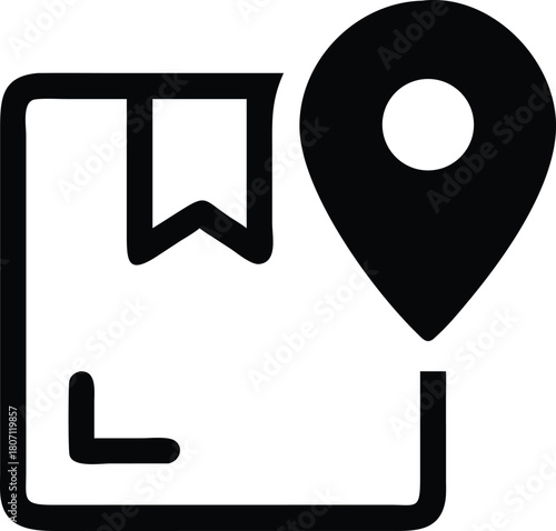 Shipping Location Icon: Simple Black and White Delivery Package with Geo-Tagging Symbol.                                                              