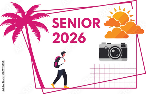 Senior 2026 graduation trip with camera and palm tree.