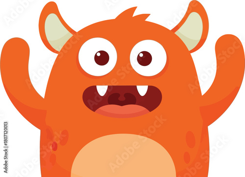 A friendly and happy orange cartoon monster with big eyes and a wide smile raising its arms in excitement and joy