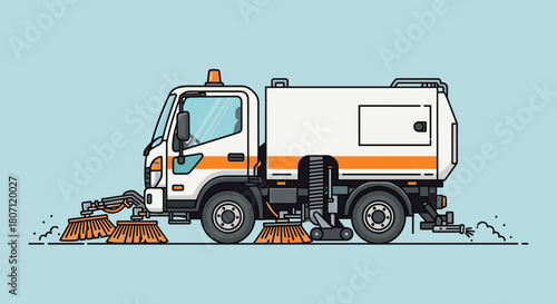 Side profile of a compact street sweeper truck with rotating brushes, a special municipal vehicle for cleaning city streets and roads.