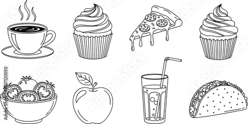 Flat vector illustration of coffee, cupcakes, pizza, fruits, fizzy drink, taco, black and white food icons, line art