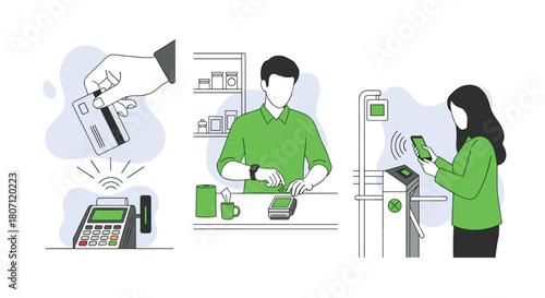 Modern illustrations depicting various forms of contactless payment, including tapping a card, using a smartwatch, and a phone.