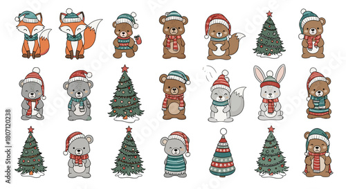 Collection of christmas themed animals and trees wearing winter apparel