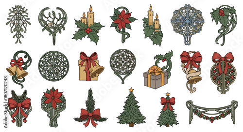 Collection of christmas ornaments including candles trees and bells art
