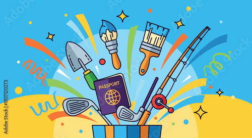 Experience gift concept with a box exploding with items for hobbies and travel, such as a passport, golf clubs, and art supplies.