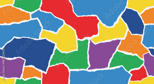 Abstract seamless background featuring a collage of torn paper in bold primary and secondary colors, creating a dynamic and textured mosaic.