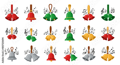 Collection of colorful christmas bells with musical notes background design