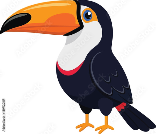 Charming cartoon toucan bird with a large orange beak and yellow collar isolated on a white background perfect for children s illustrations and tropical themes