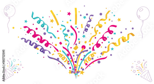 A festive explosion of colorful confetti, streamers, and stars from a party popper, perfect for celebration and holiday backgrounds.