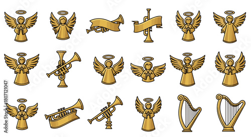 Collection of golden angels trumpets and harps with halos on white background
