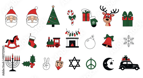 Illustration of christmas and hanukkah holiday themed vector icons