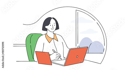 Remote Work Woman Using Laptop – Modern Home Office Illustration