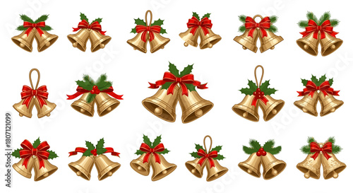 Collection of christmas bells with red bows and holly decorations set