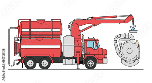 Technical side view illustration of a red hydro excavation truck with a close-up diagram of the vacuum pump and water system components.