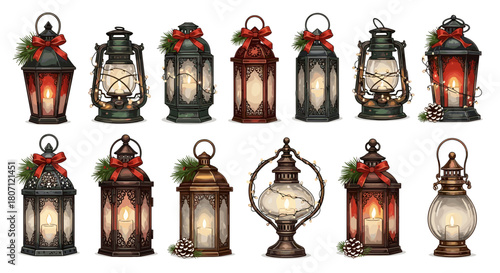 Assorted decorative lanterns with bows and greenery for christmas time
